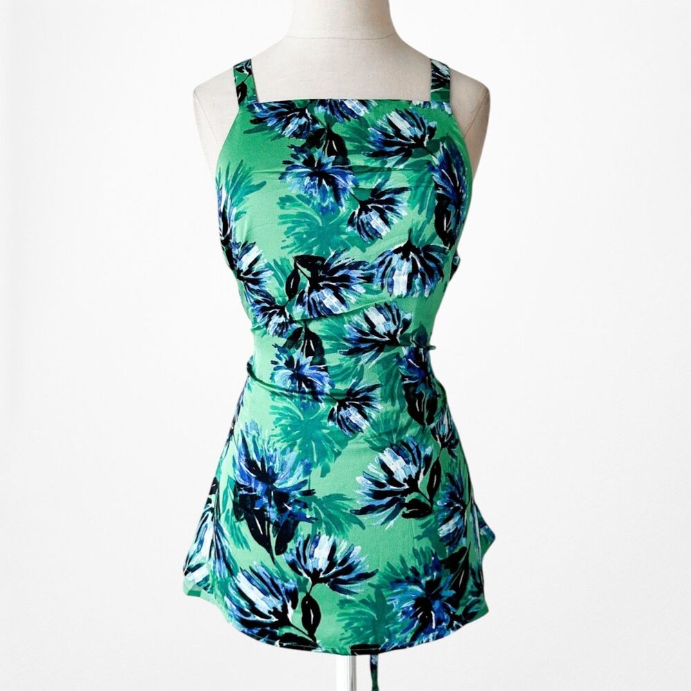 Vintage Y2K Green Blue Floral Tropical Print Cami Satin Cami Tank Top Size M - Picture 3 of 6